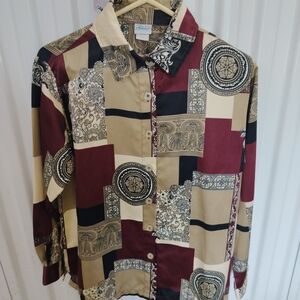 Vintage Patchwork Women's Haband Medium Multicolor Button-Up Shirt Blouse Top